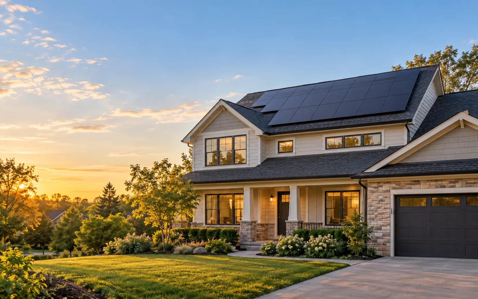 Illustration of a welcoming home with rooftop solar panels in evening sunlight